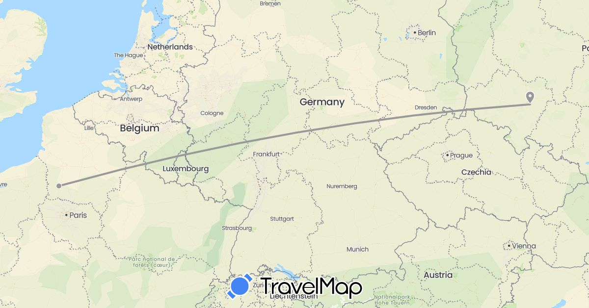 TravelMap itinerary: plane in France, Poland (Europe)